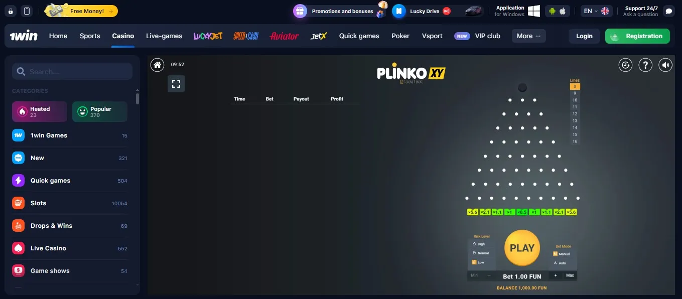 1win Plinko demo game